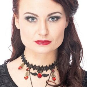 Halsband mit Fledermäusen und Spitze, dekoriert mit roten Steinchen