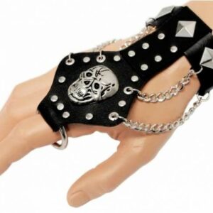 Kunstlederarmband mit Fingerring - Totenkopf und Kette
