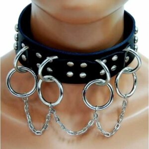 Schwarzer Leder Choker mit Ringen und Ketten