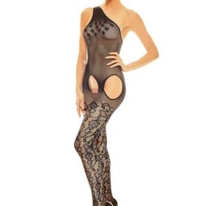 Bodystocking aus grobem Netzmaterial mit Blumen und Spitzenmuster