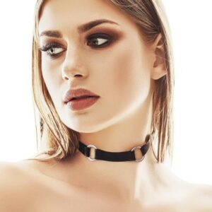 schwarzes Halsband mit zwei silbernen Metallringen