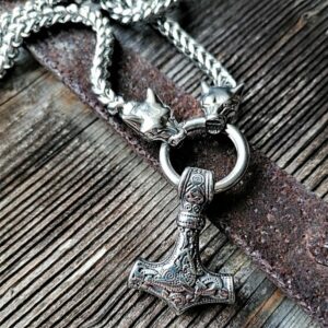 Edelstahl Halskette Thors Hammer Jarl Königskette mit den Wölfen Geri und Freki