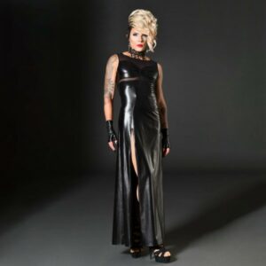 Langes Wetlook-Kleid mit Netzeinsätzen 'Crossdressing'
