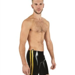 Latex Shorts 'Fucker' - schwarz/gelb