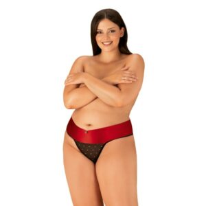 Eleganter String aus Satin und Tüll mit Pünktchen Muster schwarz-rot QueenSize