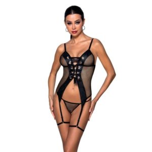Sexy Strapscorsage aus lederähnlichem Material und grobmaschigem Netz schwarz