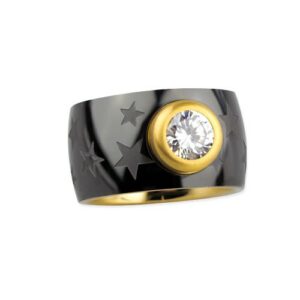 Edelstahlring 'Sterne' mit Zirkonia schwarz-gold