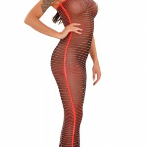Langes Kleid transparent mit roten Latex-Streifen